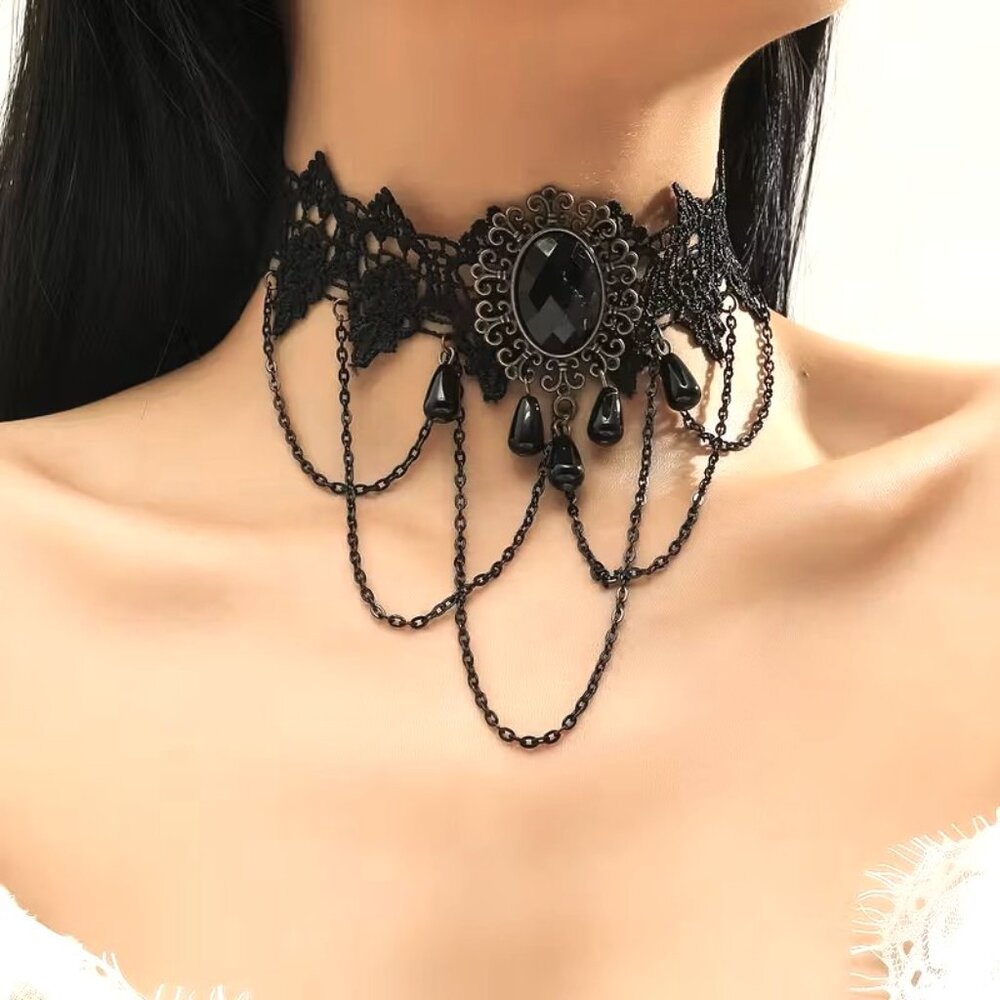 Lace Choker Collar Necklace Black Beads Chain Rave Cosplay Vamp Sexy Cameo Goth
